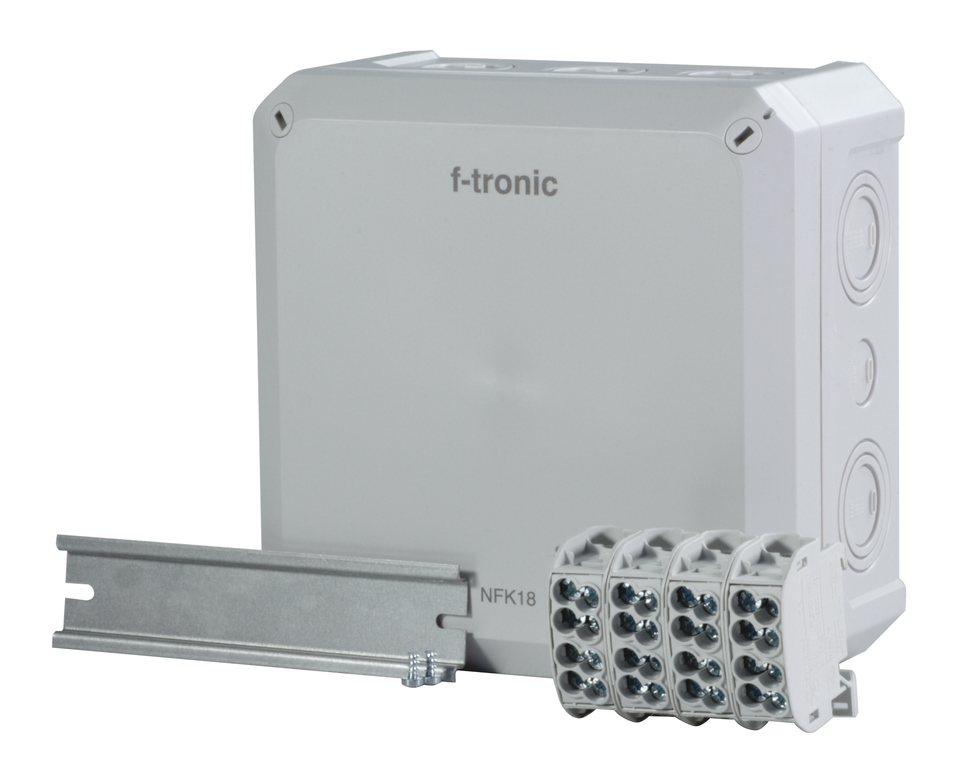 F-Tronic FR-Abzweigkasten 180x180x93mm, HLAK 4-pol. 25qmm, Hutsch., PS, IP66, grau, NFK18gr-HLAK4p25 F-Tronic FR-Abzweigkasten 180x180x93mm, HLAK 4-pol. 25qmm, Hutsch., PS, IP66, grau, NFK18gr-HLAK4p25